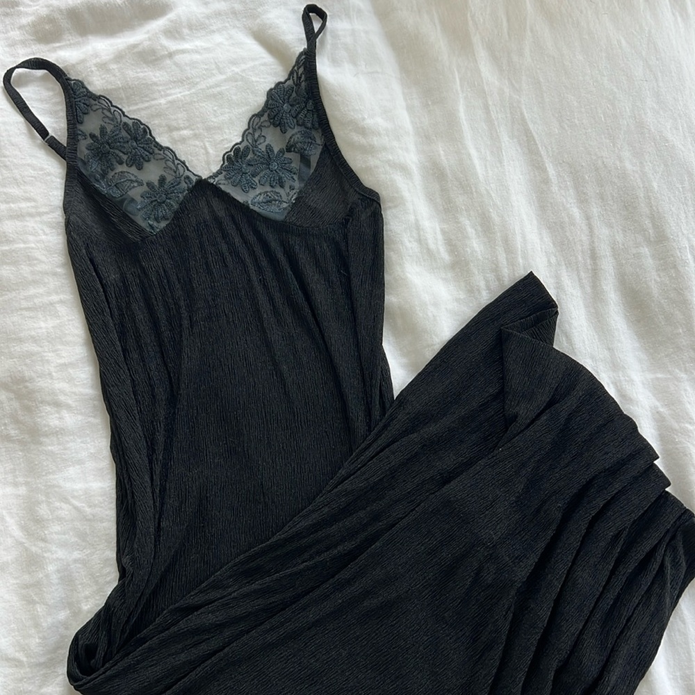 Vintage Black Silk Blend Gauze Midi Dress Slip Size M/L